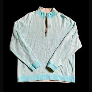 Tommy Bahama Sweater  Large Aqua Blue‎ Reversible Pullover Quarter Zip Men's